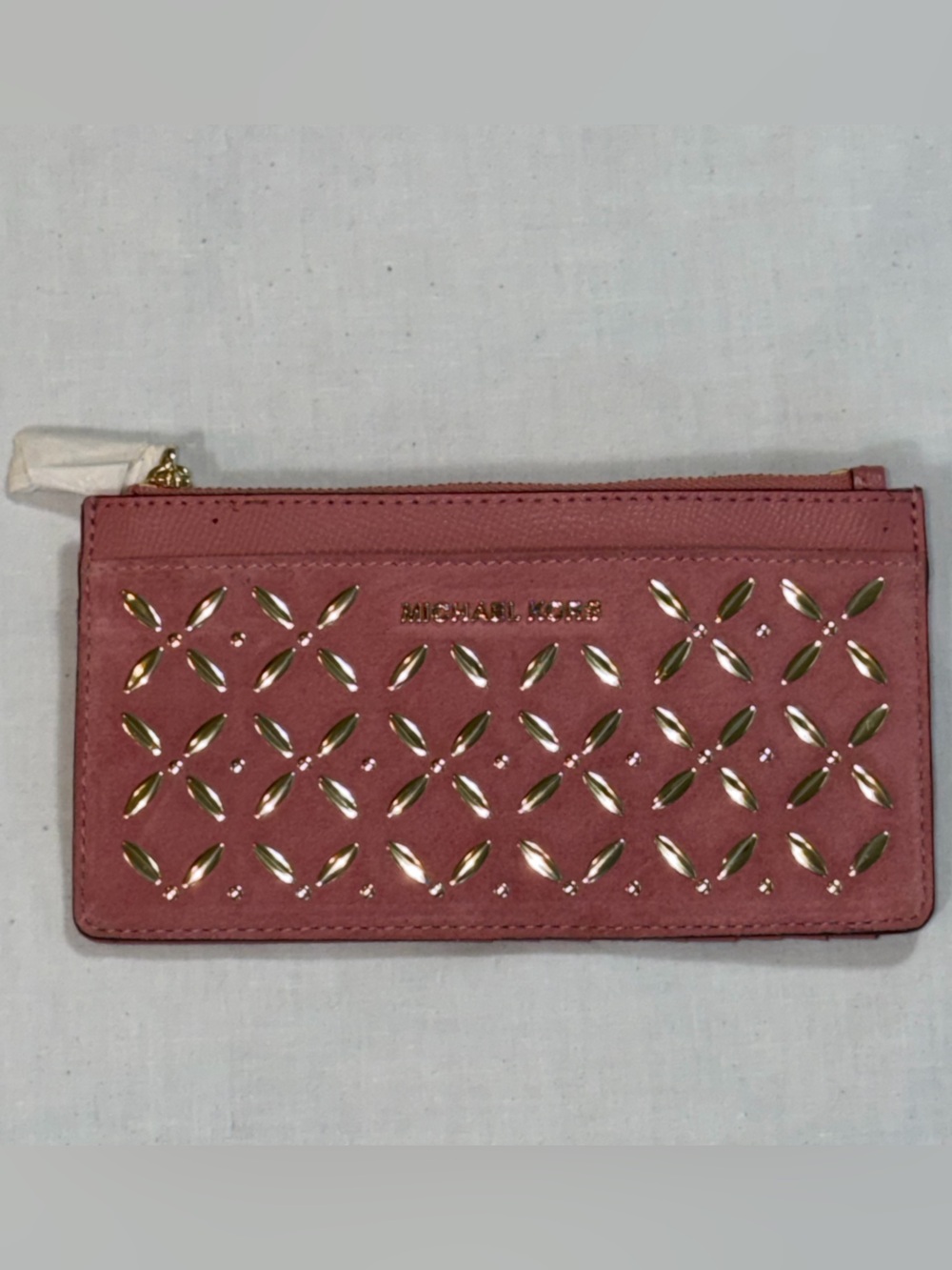 Michael Kors Pink Floral Cutout Zip Card Case Key Ring Wallet NWT R05